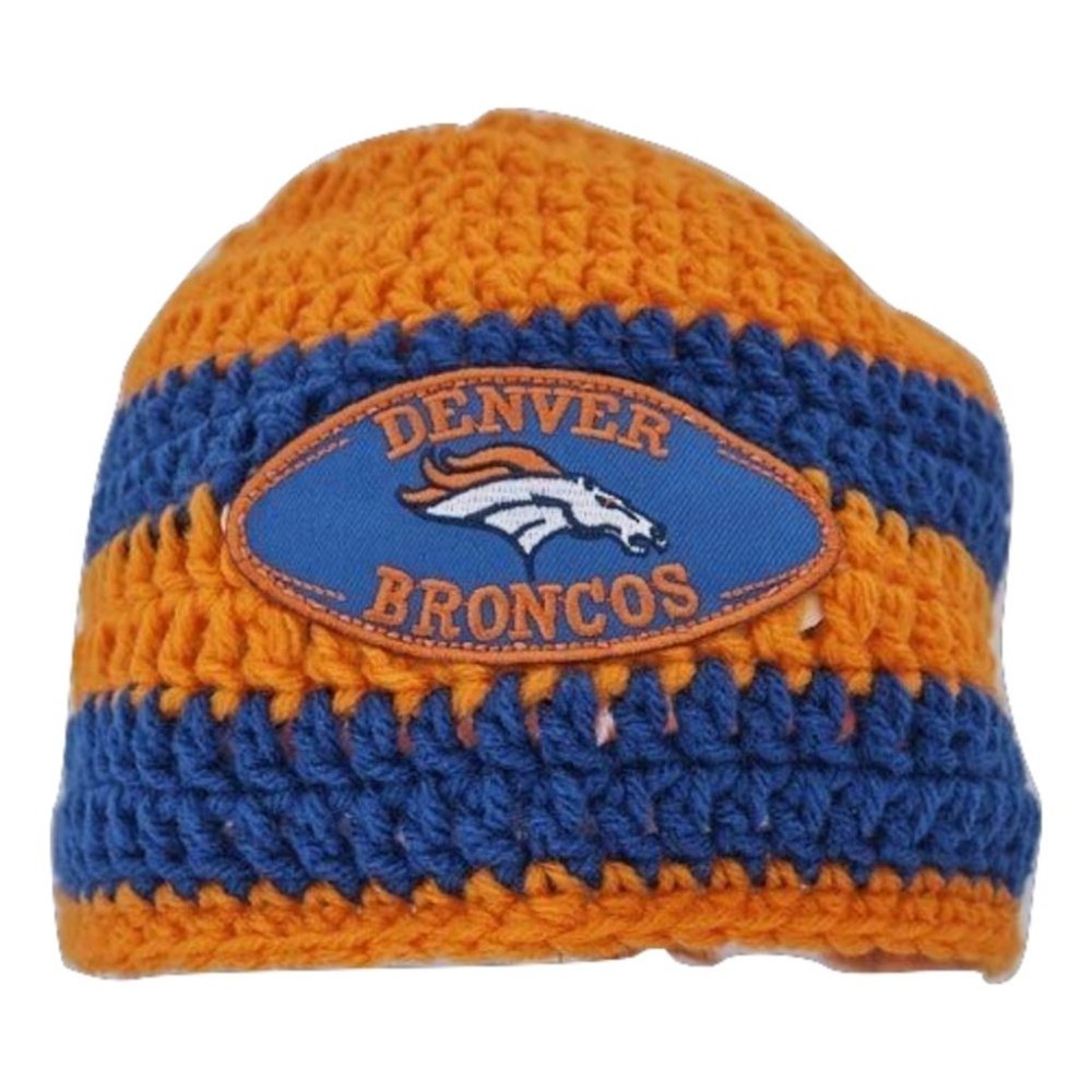 Women’s Homemade Hand Crocheted Orange & Blue Flower Beanie Winter Hat Broncos